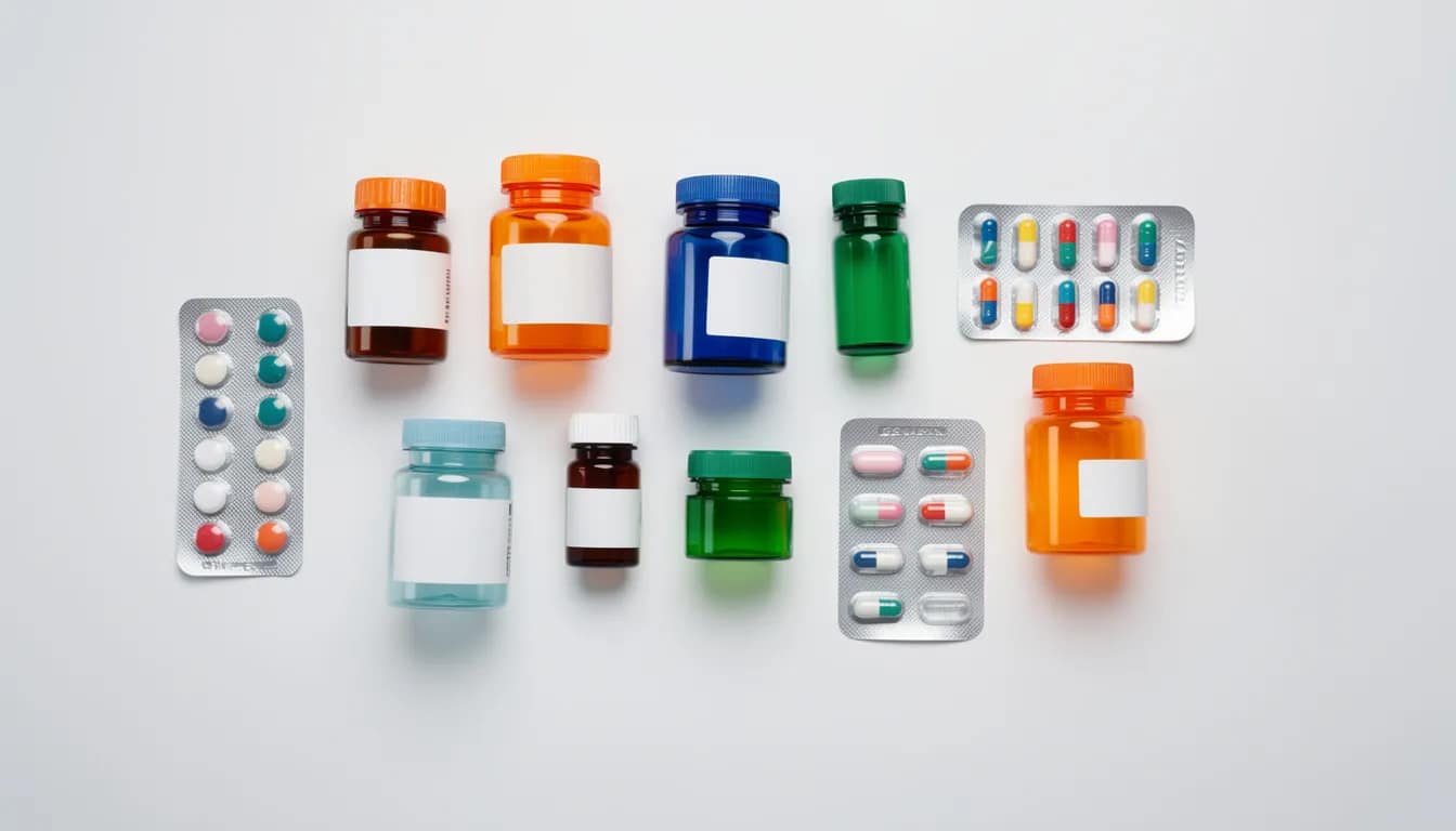 The image features a variety of colorful medicine bottles and pill packets neatly arranged on a white surface, representing treatments for digestive health issues such as acid reflux and heartburn symptoms. These medications, including proton pump inhibitors and antacids, are designed to relieve symptoms related to stomach acid and support the digestive process.