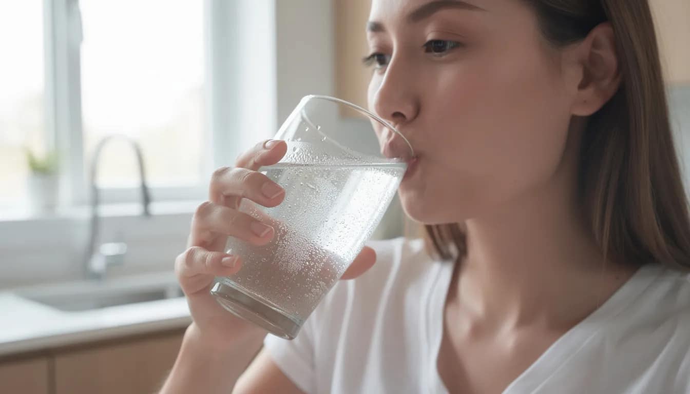 A person is drinking a large glass of water in a bright kitchen, highlighting the importance of fluid intake for promoting bowel regularity and relieving constipation quickly. This image emphasizes healthy habits that support digestive health and regular bowel movements.