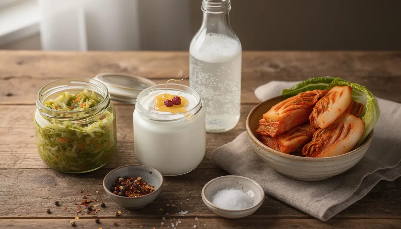 The image shows a wooden table beautifully arranged with various fresh fermented foods, including yogurt, kefir, sauerkraut, and kimchi, which are rich in probiotic bacteria and beneficial for gut health. These foods, known for their lactic acid content and active cultures, promote a healthy gut microbiome and offer numerous health benefits.