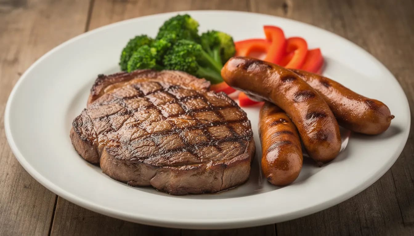 A plate is filled with grilled steak and sausages, accompanied by minimal vegetables, highlighting a meal that is low in fiber. To support digestive health and relieve constipation, it’s important to incorporate high fiber foods such as whole grains and leafy greens into your diet.