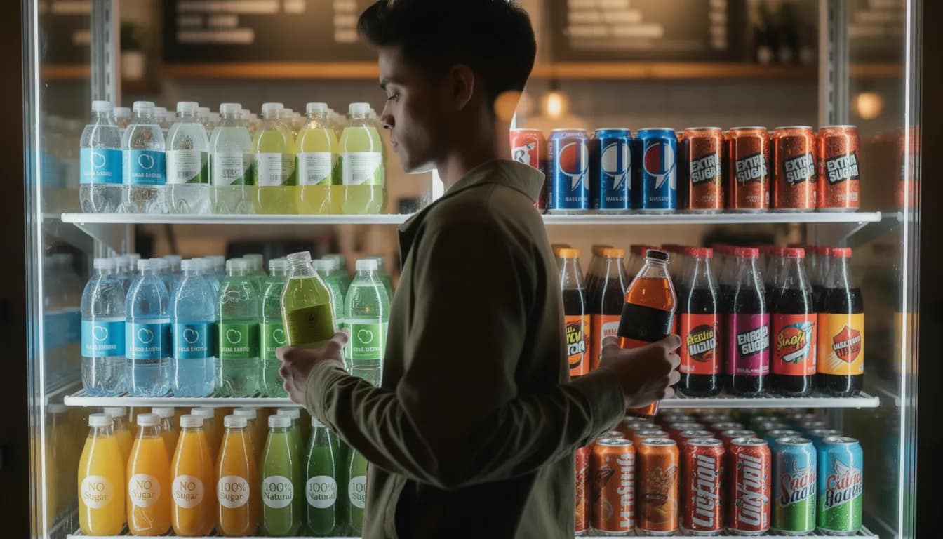 The image shows a person standing in front of a table filled with various beverage options, including healthy choices like herbal teas and green tea, alongside unhealthy options such as carbonated drinks. The individual appears to be thoughtfully considering which drink would best support their gut health and promote healthy digestion.