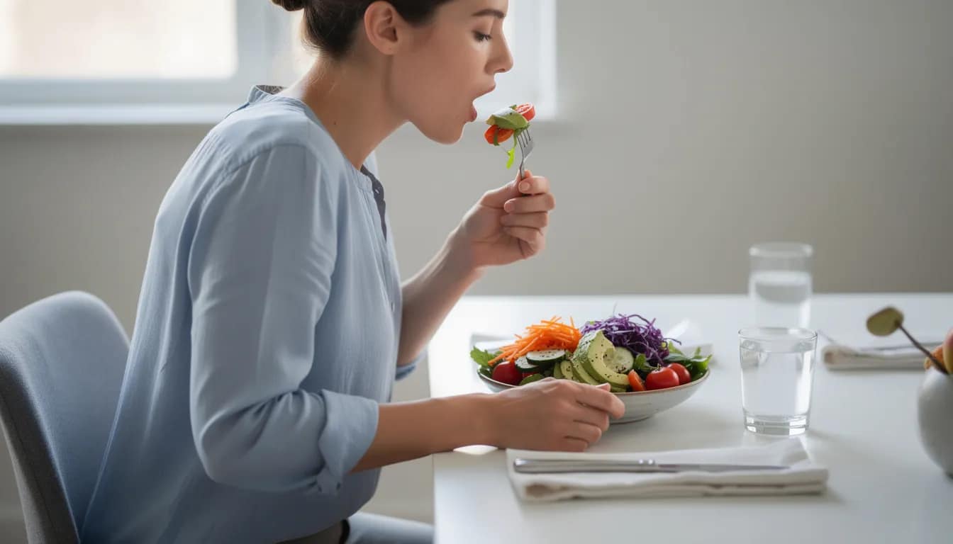 The image shows a person sitting at a table with good posture, enjoying a vibrant and colorful salad. This healthy meal is beneficial for digestive health, potentially helping to relieve symptoms of issues like acid reflux and heartburn.