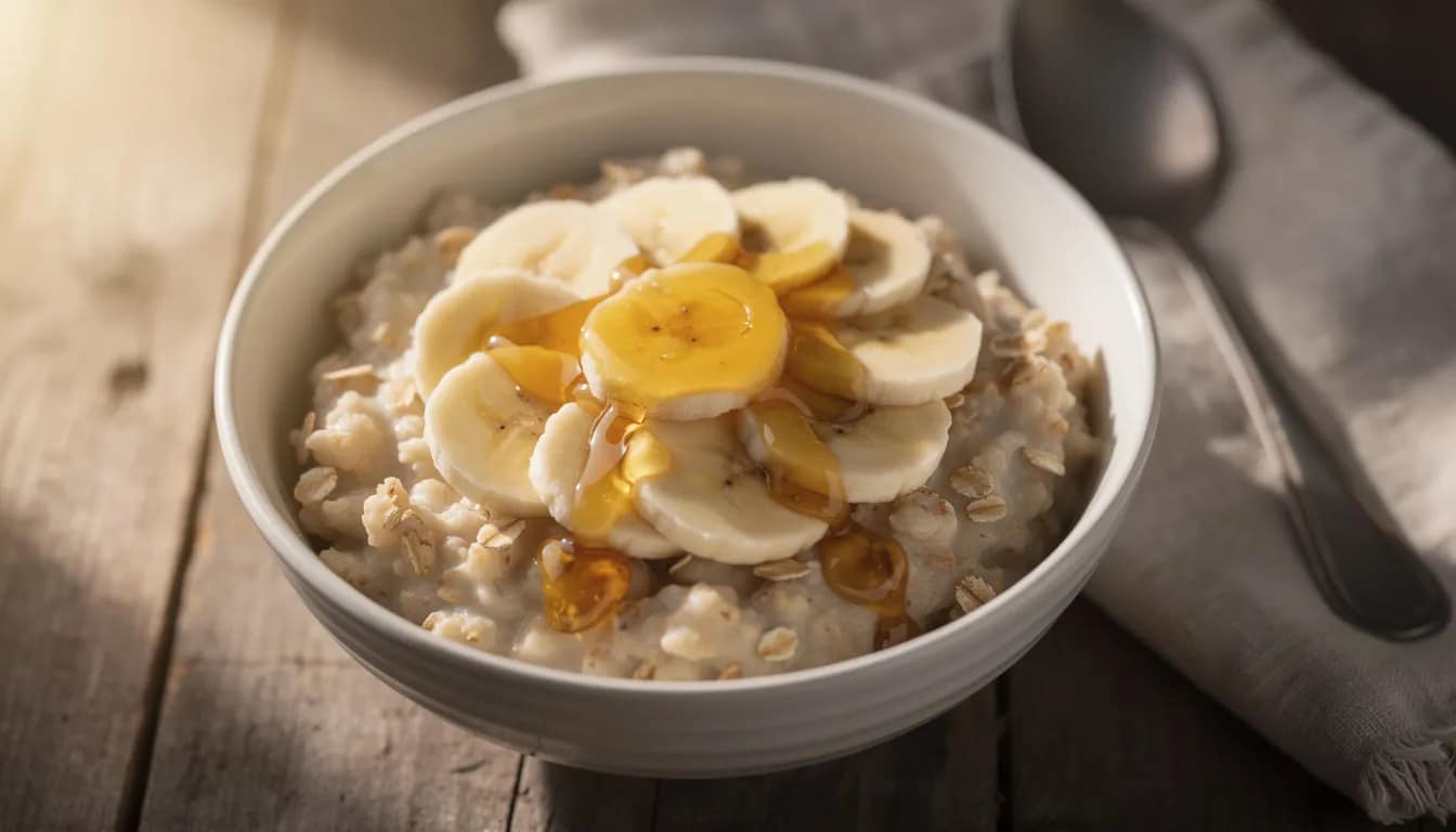 A bowl of creamy oatmeal is topped with sliced banana and a drizzle of honey, providing a nutritious meal that can help promote gastric emptying and improve digestion. This comforting dish is ideal for those seeking to manage gastroparesis symptoms while ensuring they receive enough nutrition.
