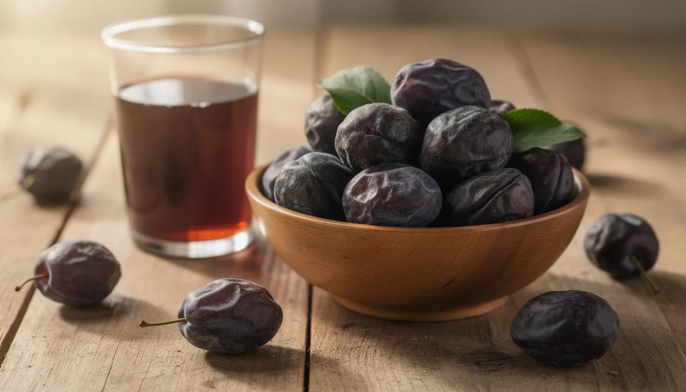 The image shows a bowl filled with fresh prunes alongside a glass of prune juice, all resting on a wooden table. Prunes are known for their high fiber content and are often used to relieve constipation and promote regular bowel movements.