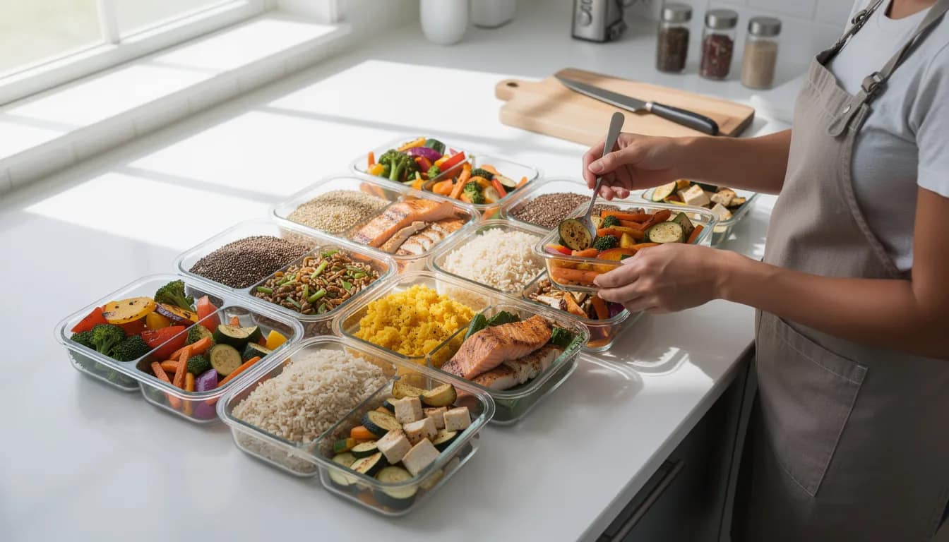 The image depicts a person meal prepping in a kitchen, with a variety of glass containers filled with colorful grains, fresh vegetables, and proteins neatly arranged on the counter, promoting good gut health through balanced nutrition. This setup reflects a focus on healthy eating habits that can support digestive health and beneficial gut bacteria.