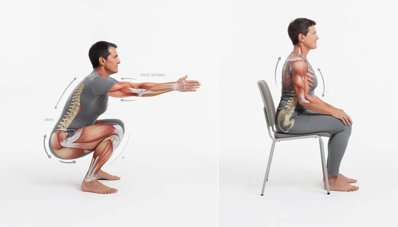 The image shows a person demonstrating the proper squatting position for optimal bowel movements alongside a sitting posture on a modern toilet. This comparison highlights how the squatting position can aid in digestive health and relieve constipation by promoting a more effective defecation posture.