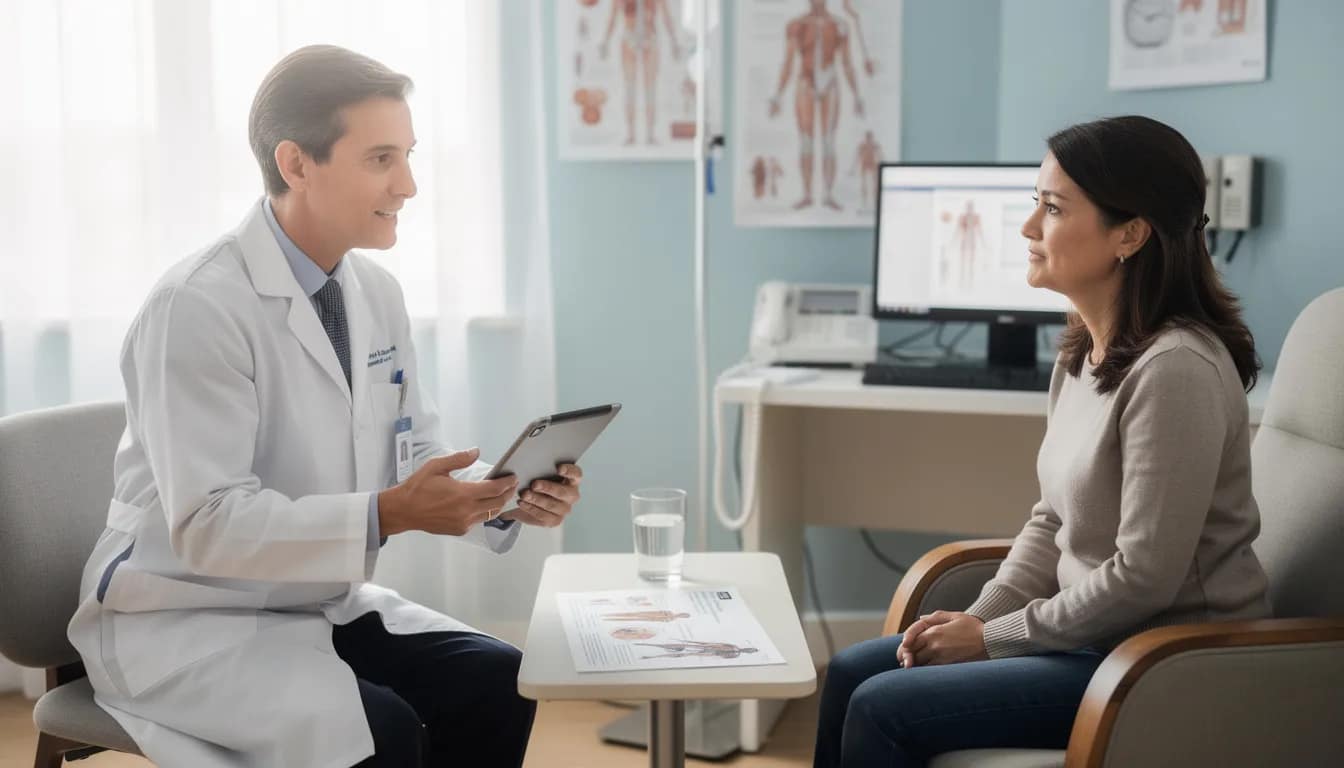 A medical professional is discussing treatment options with a patient in a clinical setting, focusing on bowel health and strategies to control bowel movements for conditions like severe constipation. The conversation includes advice on dietary changes, such as increasing fiber-rich foods, and tips for proper toilet positioning to avoid excessive straining and promote regular bowel movements.