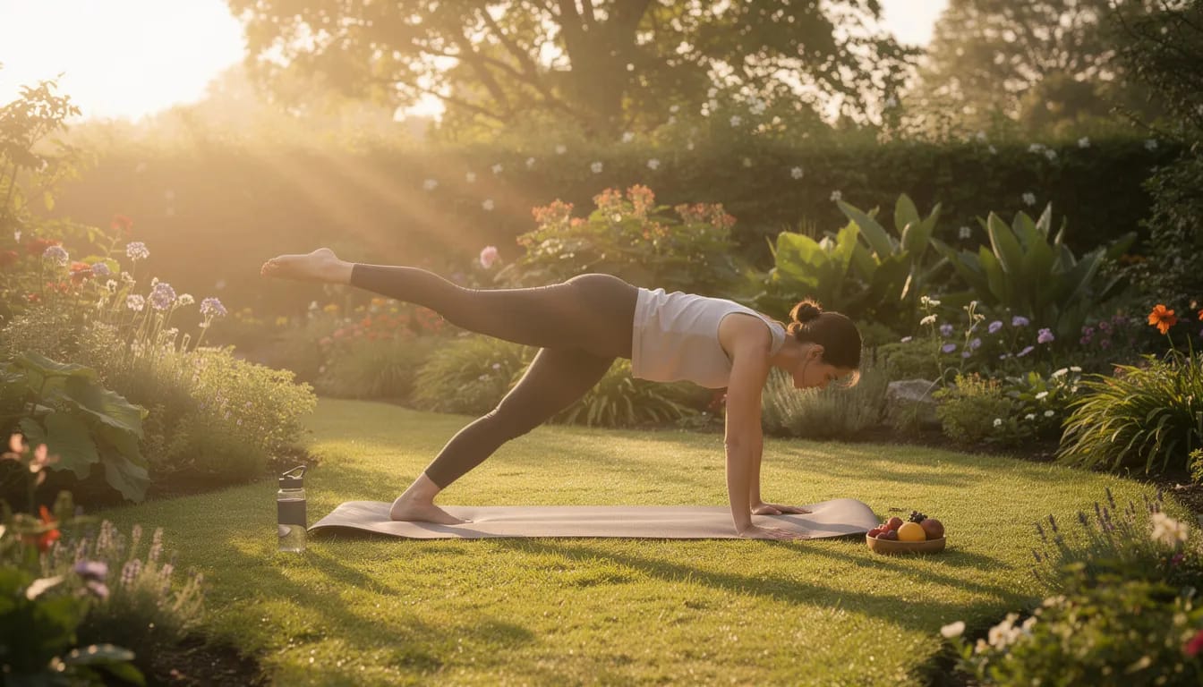 A person is practicing yoga in a serene garden, surrounded by lush greenery, symbolizing a commitment to healthy lifestyle habits that can improve gut health and support beneficial bacteria like lactobacillus. The tranquil setting emphasizes the importance of mindfulness and physical wellness, which are essential for maintaining a healthy gut microbiome.