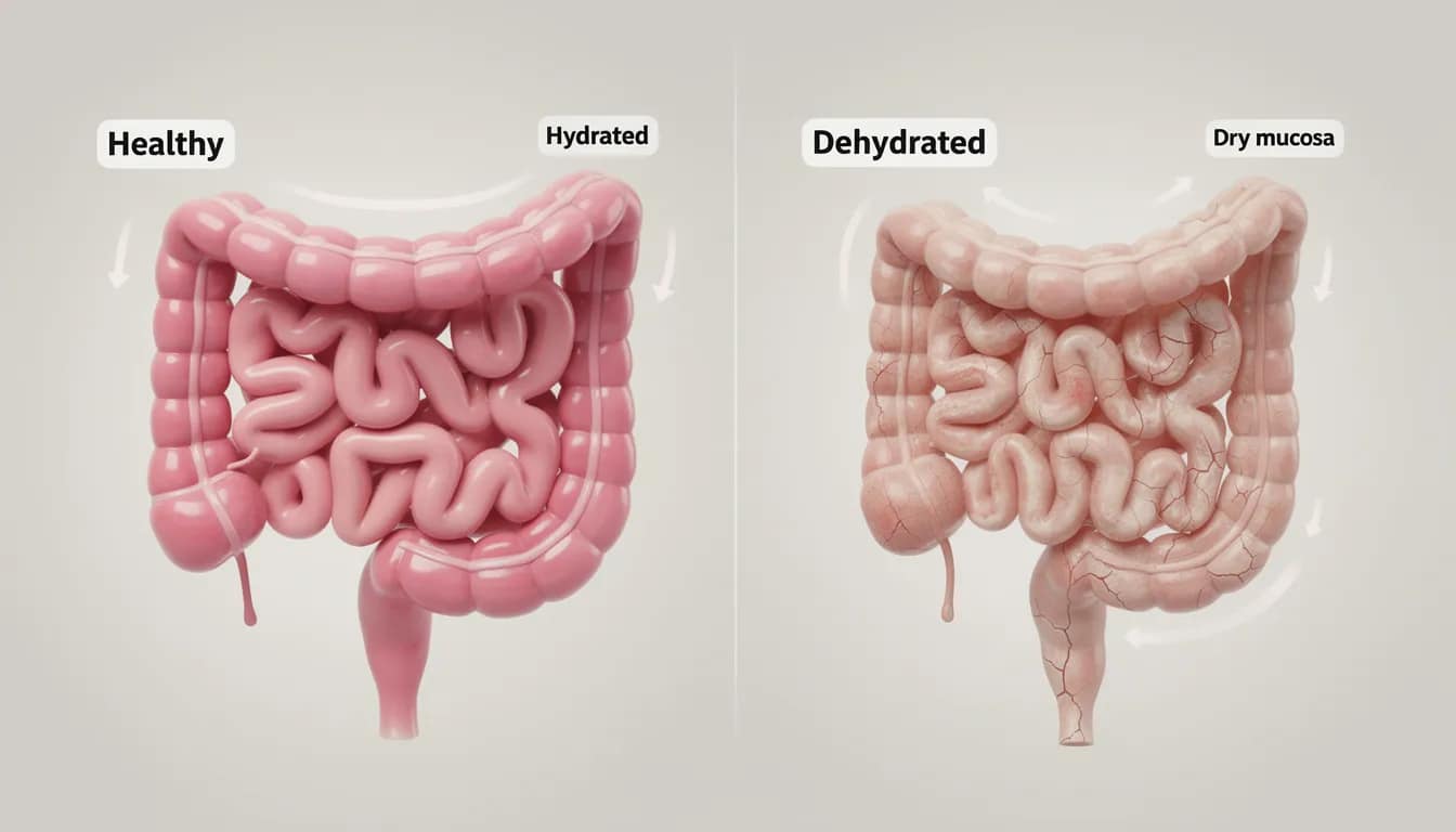 The image compares healthy, hydrated intestines with dehydrated intestines, highlighting the importance of proper hydration for a healthy digestive system. It illustrates how adequate water intake supports the digestive process, helping to move food through the digestive tract and prevent constipation.