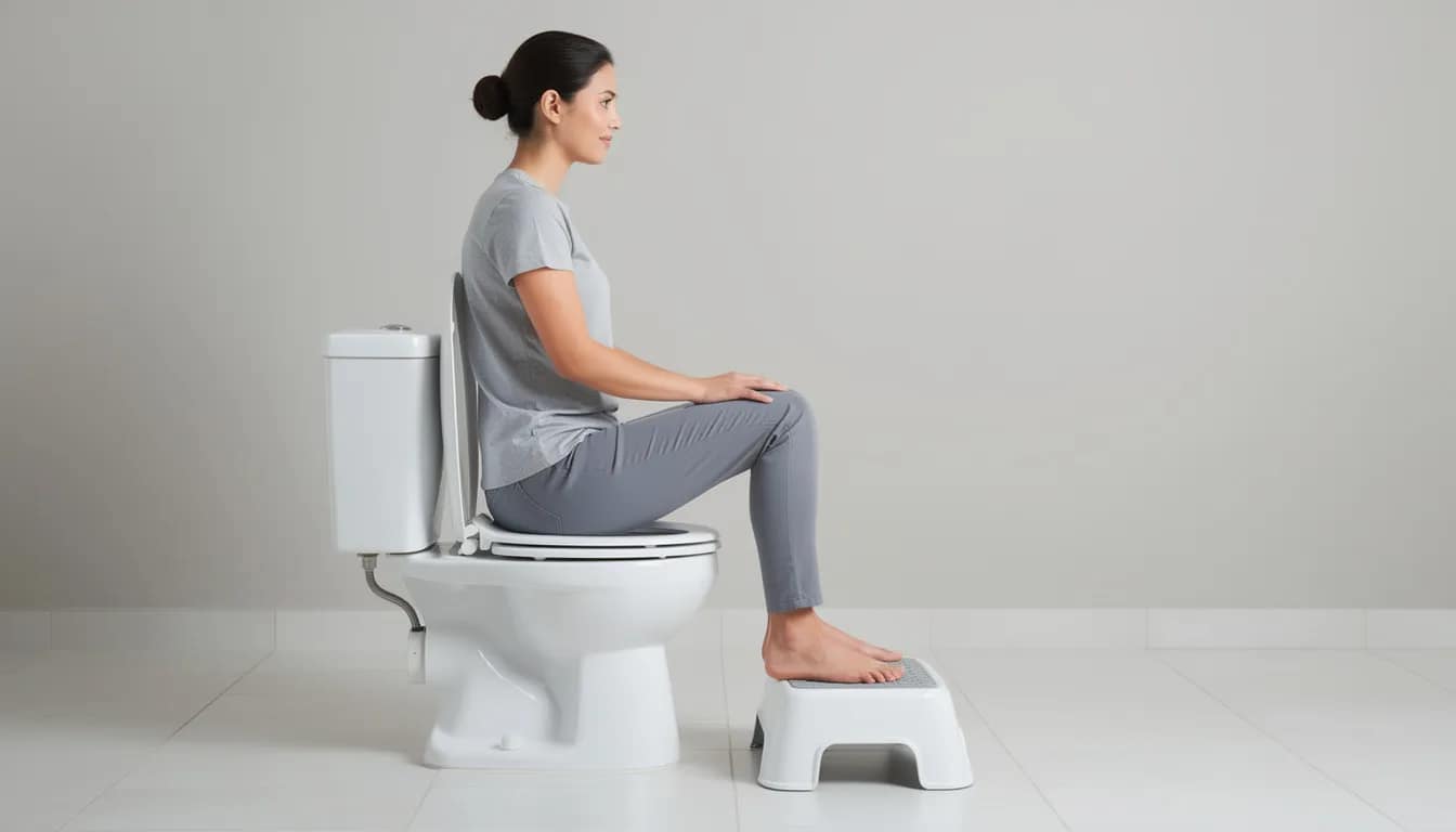 A person is sitting on a toilet with their knees elevated above hip level using a footstool, demonstrating the optimal position for healthy bowel movements. This posture can help control bowel movements and prevent straining, promoting better pelvic floor health and reducing the risk of conditions like constipation and rectal prolapse.