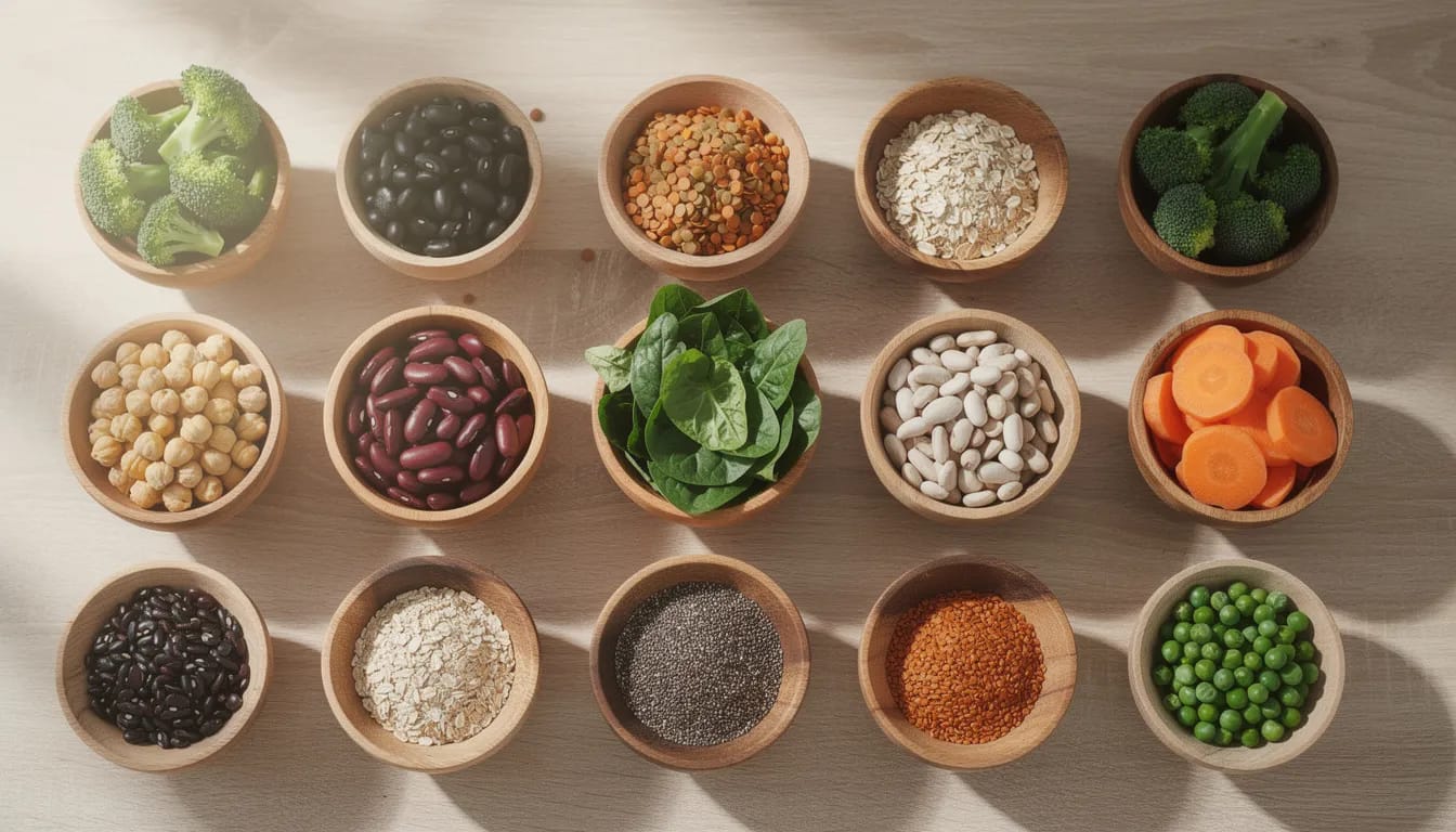 The image showcases a variety of high-fiber foods, including beans, oats, and leafy greens, arranged in small bowls. These fiber-rich foods are beneficial for digestive health and can help promote regular bowel movements, supporting overall gut health.