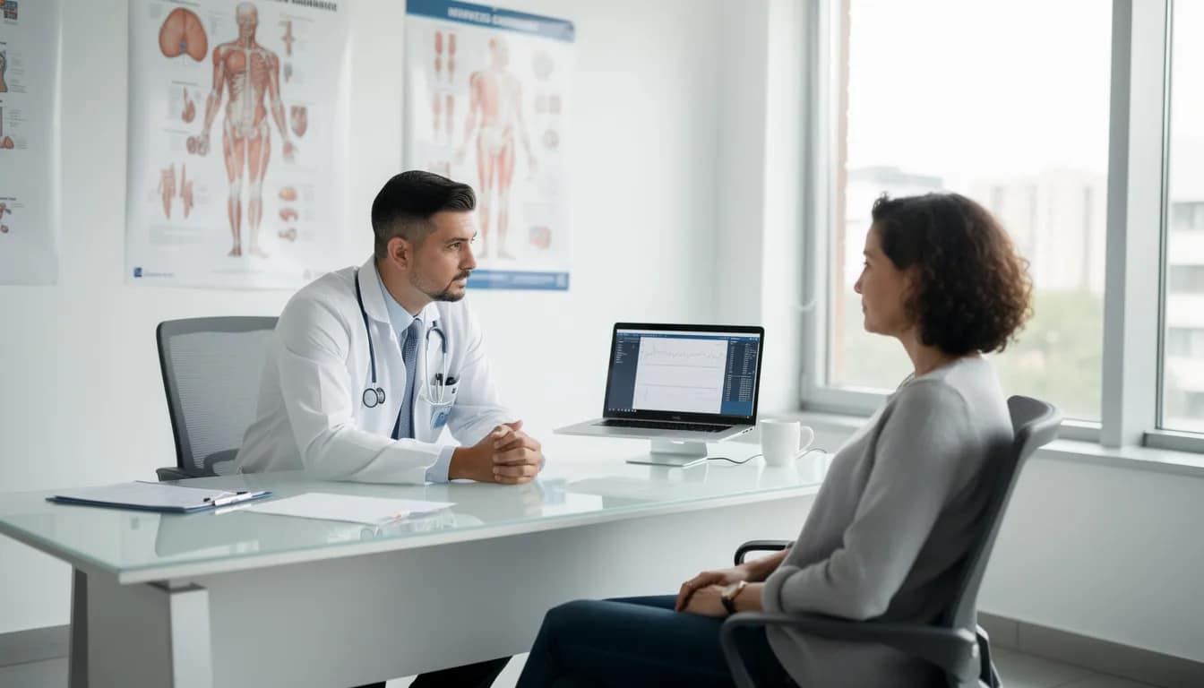 A doctor is consulting with a patient in a bright medical office, discussing symptoms and potential treatments for gastroparesis, including dietary changes and medications to improve gastric emptying. The atmosphere is professional and supportive, emphasizing the importance of an accurate diagnosis and effective management of digestive issues.