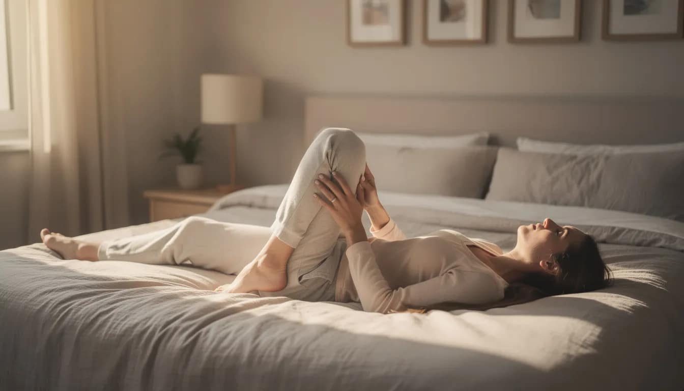 A woman is practicing the knee-to-chest yoga pose in a cozy bedroom, surrounded by soft bedding and natural light, promoting relaxation and enhancing digestive health. This gentle stretch can help ease constipation and release trapped gasses, making it a beneficial addition to her morning routine.