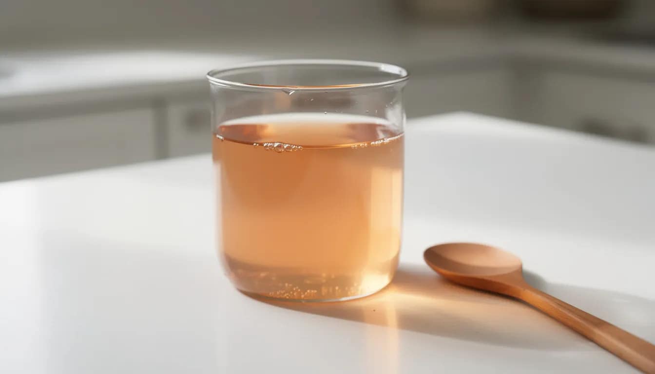The image shows a glass of diluted apple cider vinegar, which is known to aid digestion and support gut health, alongside a wooden spoon placed nearby. This combination can promote healthy digestion and improve overall gut health when incorporated into a daily routine.