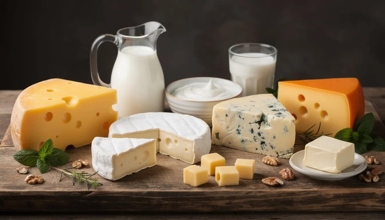 A wooden board is beautifully arranged with various types of cheese, milk, and dairy products, showcasing their textures and colors. This assortment highlights the importance of dietary choices, as excessive consumption of low fiber foods like certain dairy products can contribute to constipation symptoms and affect digestive health.