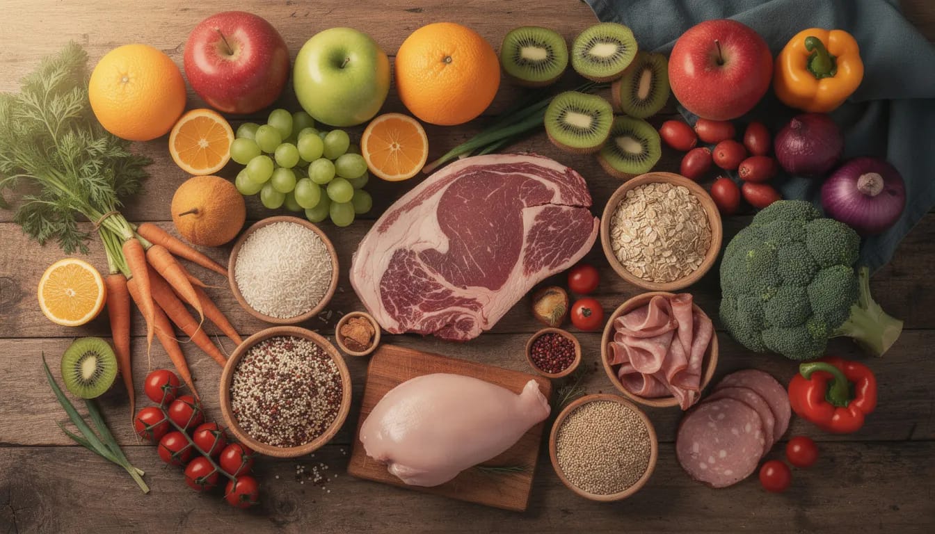 An assortment of various foods, including colorful fruits, fresh vegetables, grains, and cuts of meat, is beautifully arranged on a rustic wooden surface, showcasing a balanced diet essential for digestive health. This diverse selection highlights the importance of nutrients in the entire digestive process, as each food type contributes differently to how long it takes to digest food in the body.