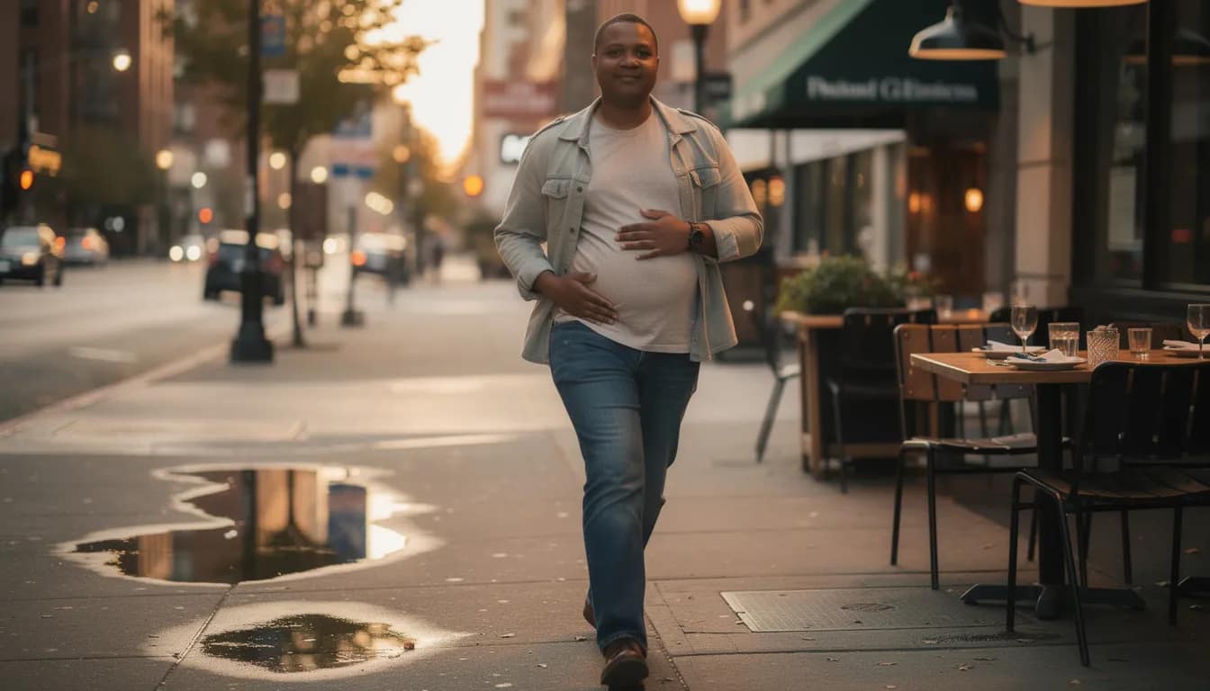 A person is walking outdoors after a meal, enjoying the fresh air and promoting their digestive health. This leisurely stroll can help facilitate complete bowel movements and support overall gut health.