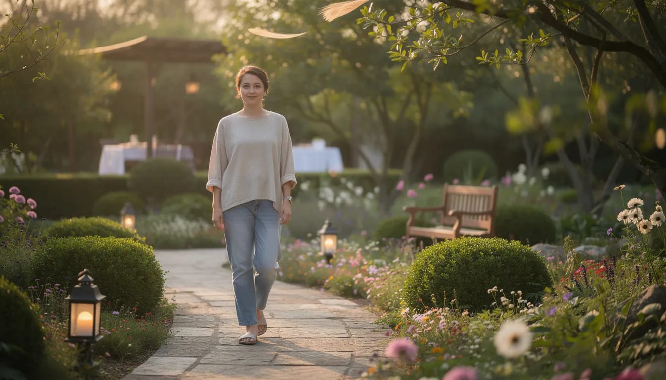 A person is enjoying a serene walk through a lush garden, reflecting on their meal, which supports healthy digestion and promotes overall gut health. The tranquil environment enhances their sense of well-being, aiding in the digestive process after eating.