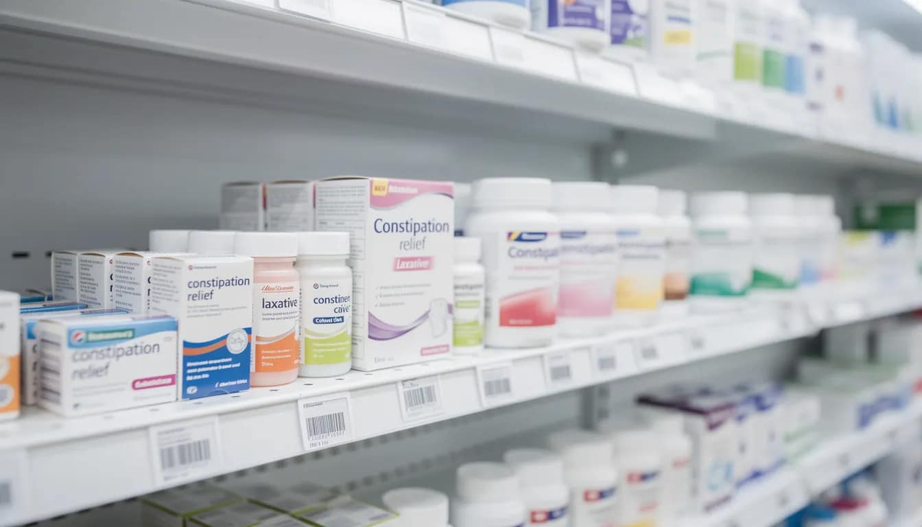 The image features a variety of over-the-counter constipation relief products neatly arranged on a pharmacy shelf, including stool softeners, fiber supplements, and natural remedies. These items are designed to help relieve constipation and promote regular bowel movements, making them essential for those looking to treat occasional or chronic constipation.