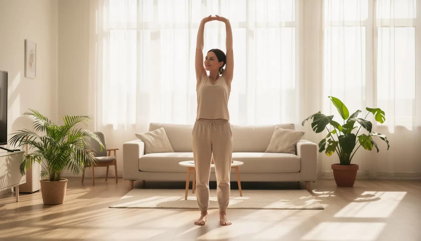 A person is performing gentle stretching exercises in a bright living room, focusing on their stomach muscles to promote gastric emptying and relieve nausea. The warm, inviting space suggests a calming environment for improving digestion and overall well-being.