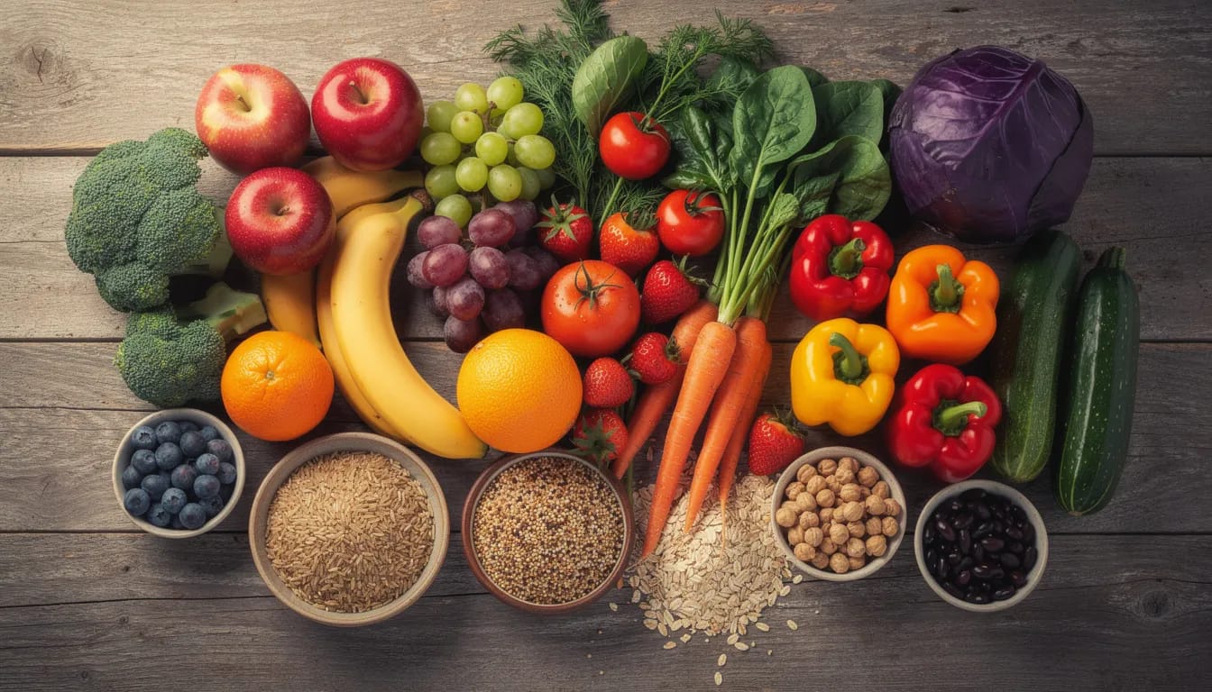 The image displays a vibrant assortment of fresh fruits, vegetables, whole grains like brown rice, and legumes, all of which are high in dietary fiber. This colorful spread promotes digestive health and can help relieve constipation symptoms by adding more fiber to your diet.