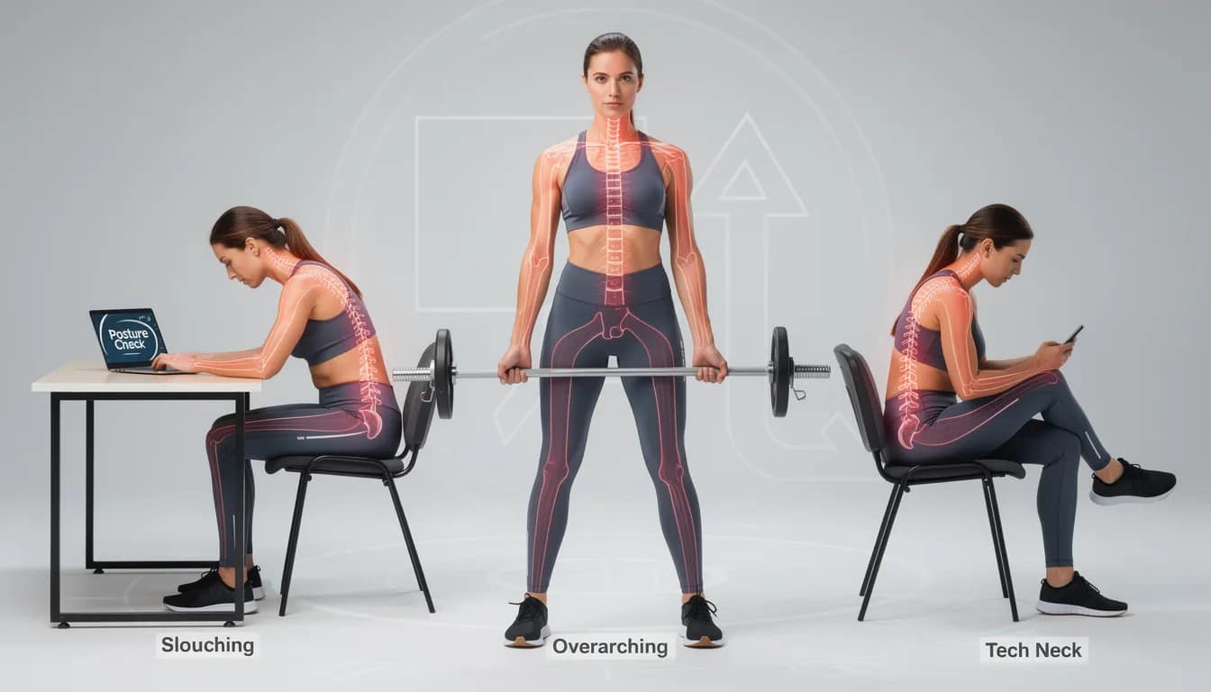 The image shows a person sitting on a modern toilet with incorrect defecation posture, illustrating common mistakes that can hinder complete bowel movements. The individual is slouched, with their feet not flat and knees lower than hips, highlighting the importance of optimal posture for digestive health and managing bowel disorders.