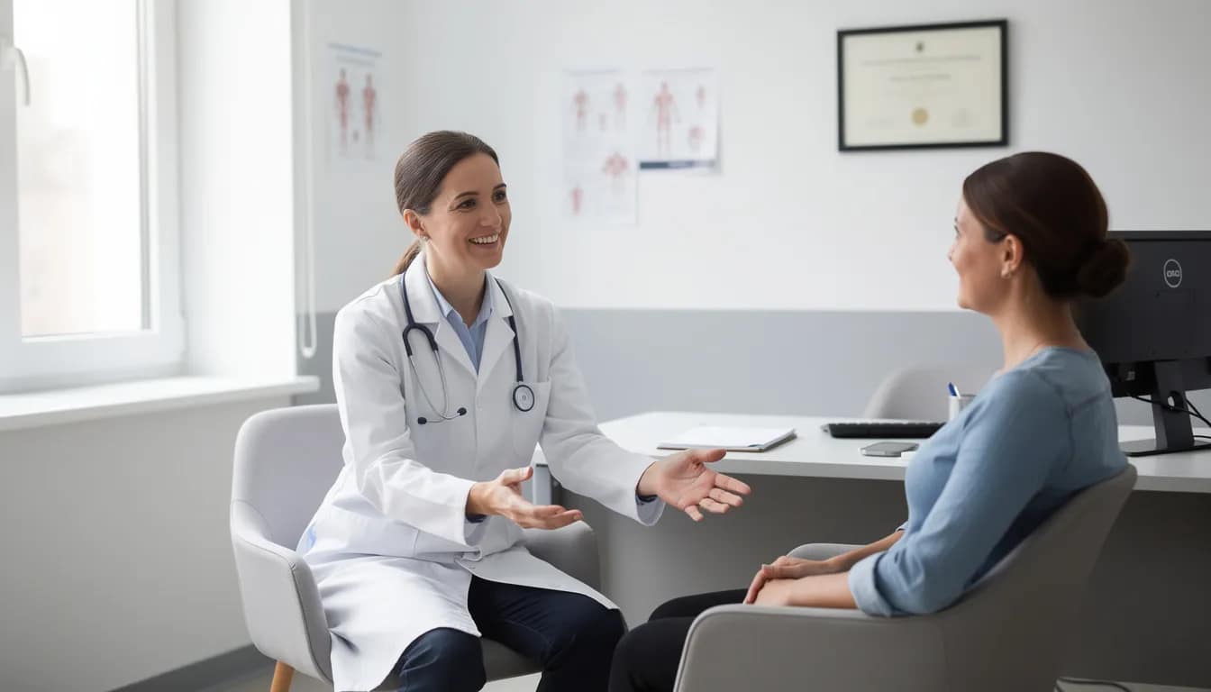 A doctor in a white coat is engaged in a friendly consultation with a patient in an office, discussing digestive health and potential treatments for symptoms like heartburn and acid reflux. The setting suggests a focus on understanding the patient's digestive issues and exploring options such as medication or dietary changes to relieve symptoms.