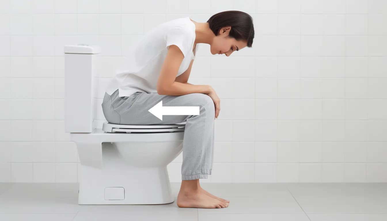 The image depicts a person sitting on a modern toilet in a proper forward-leaning posture, with their elbows resting on their knees and feet flat on the ground. This defecation posture is designed to promote complete bowel movements and relieve constipation by optimizing the alignment of the pelvic floor muscles and rectal muscles.