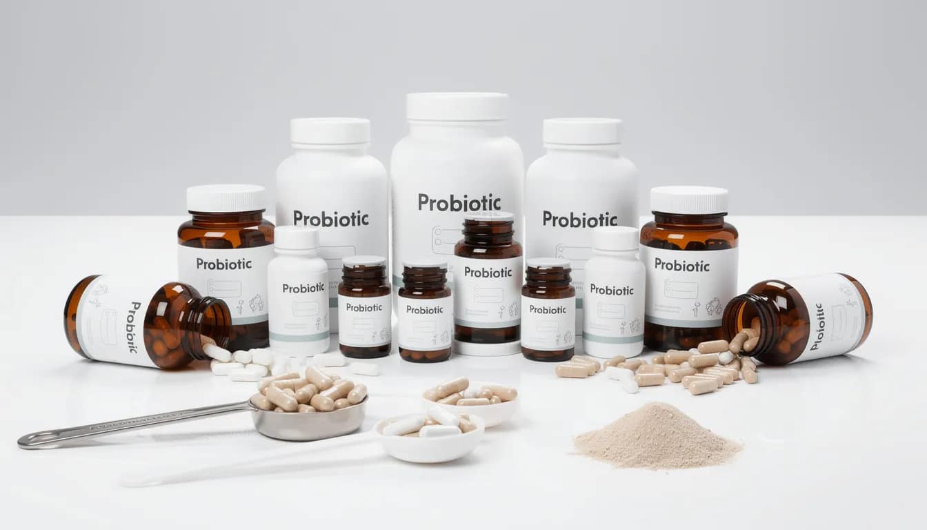 The image displays a variety of probiotic supplement bottles and capsules alongside measuring spoons, emphasizing the importance of live bacteria for gut health. These products, which may contain beneficial strains like those from the lactobacillus genus, are often used to improve digestive health and support a healthy gut microbiome.