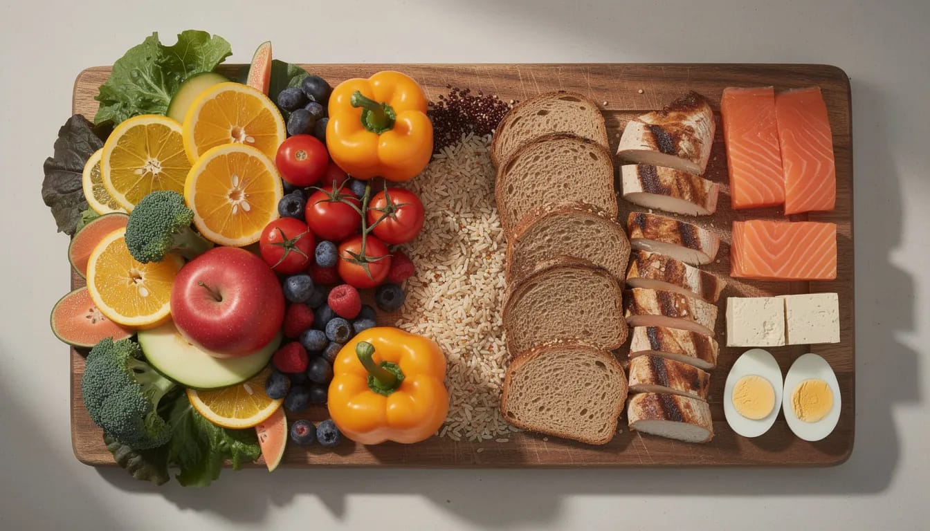 The image features a vibrant arrangement of fresh fruits, vegetables, whole grains, and lean proteins on a wooden cutting board, promoting digestive health. These nutrient-rich foods can help relieve symptoms of digestive issues, such as heartburn and acid reflux, by supporting the digestive process and maintaining a healthy stomach lining.