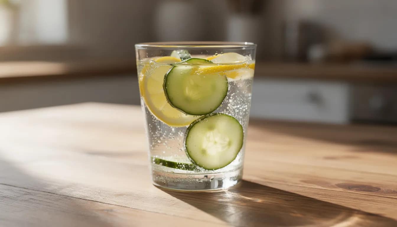 A refreshing glass of water sits on a sunny table, garnished with slices of lemon and cucumber, promoting adequate hydration and digestive health. This vibrant drink can support regular bowel movements and help prevent constipation when paired with high fiber foods.