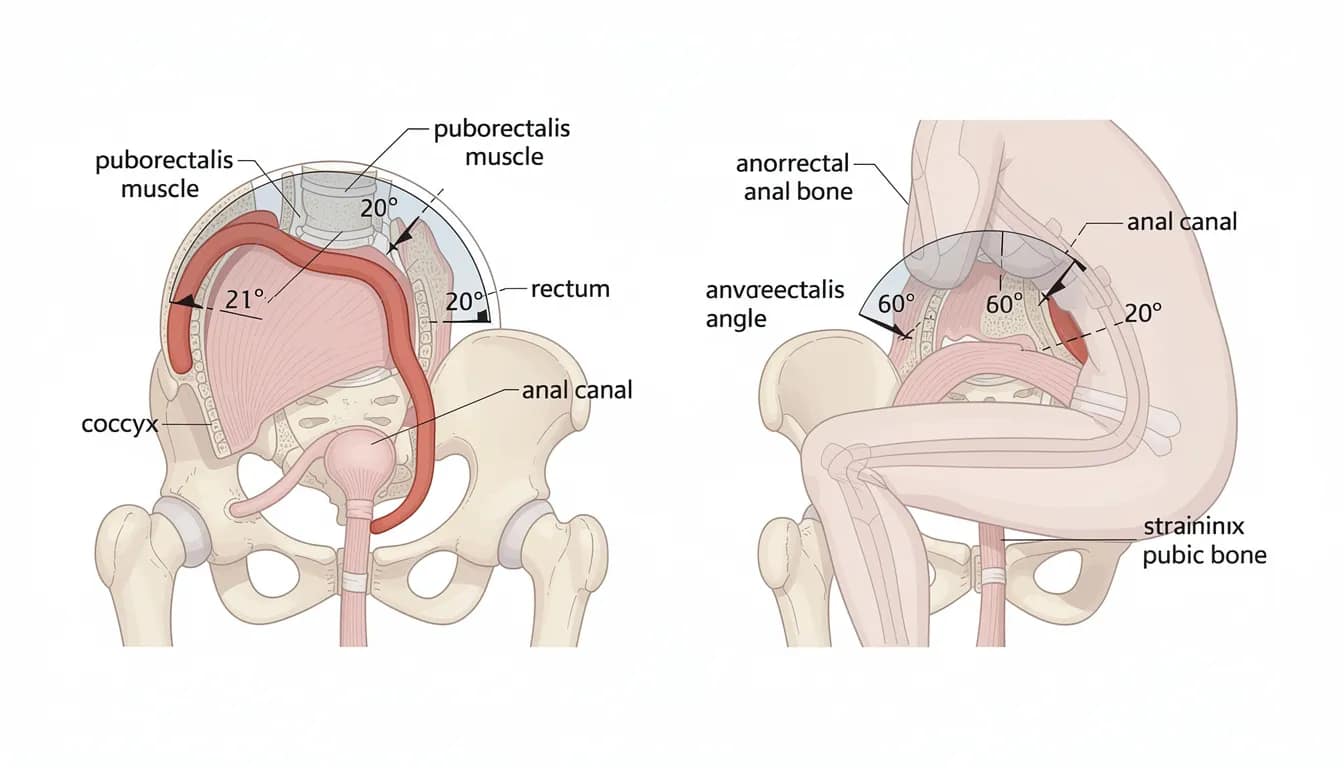 The image is a cross-section diagram illustrating the puborectalis muscle and the anorectal angle in various positions, highlighting the importance of optimal posture for complete bowel movements. It emphasizes how different defecation postures, like squatting or using a toilet stool, can impact digestive health and alleviate bowel disorders.