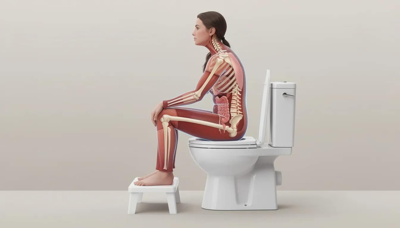 A person is demonstrating the best position for bowel movements by sitting on a toilet with their knees elevated on a foot stool, leaning forward slightly to promote relaxation of the pelvic floor muscles. This posture modification helps facilitate complete bowel movements and can relieve symptoms of constipation.