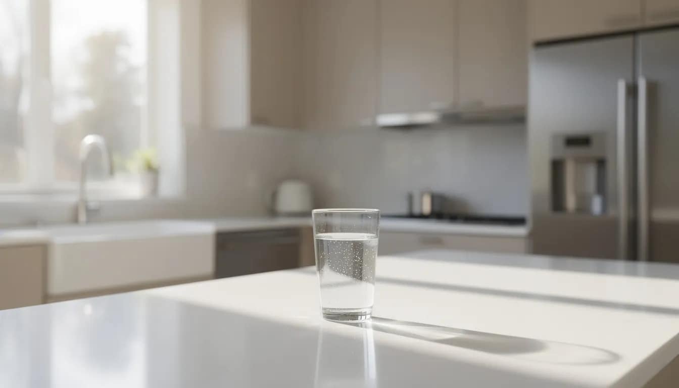 A bright kitchen illuminated by morning light features a full glass of water on the counter, symbolizing a refreshing start to the day and promoting hydration for better digestive health and regular bowel movements. The warm atmosphere invites a morning routine focused on well-being and efficient digestion.