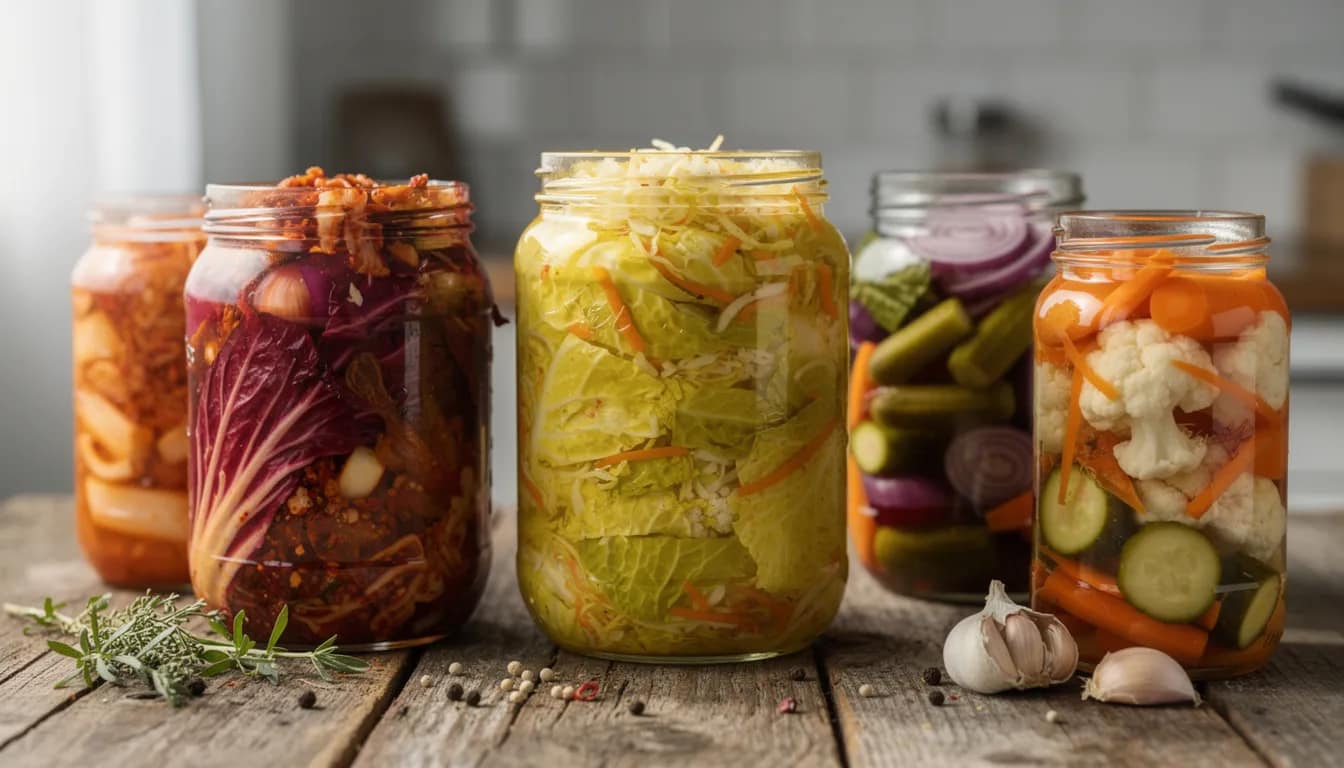 The image features glass jars filled with vibrant fermented foods like sauerkraut, kimchi, and pickled vegetables, which are known to support gut health and promote beneficial bacteria in the gut microbiome. These colorful foods are rich in probiotics and can help improve digestive health and overall well-being.