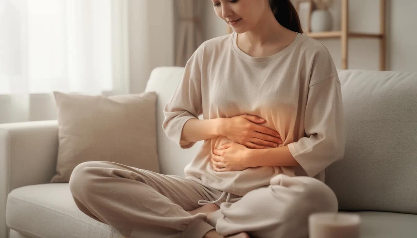 A person is sitting comfortably while gently massaging their abdomen in a circular motion, promoting relaxation and aiding the digestive system. This soothing action may help relieve constipation and support pelvic floor muscles for better control of bowel movements.