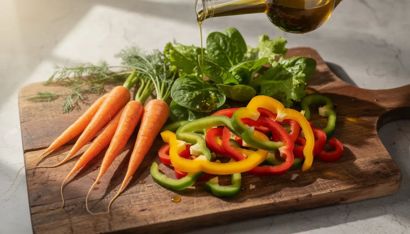 The image showcases a vibrant assortment of fresh vegetables, including bright orange carrots, leafy greens, and colorful bell peppers, beautifully arranged on a wooden cutting board, with olive oil being drizzled over them. This presentation highlights the importance of adding healthy fats to enhance nutrient absorption and support overall gut health.