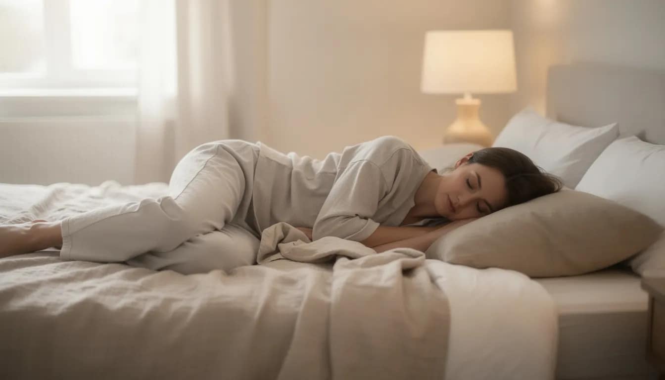 A person is lying comfortably on their left side on a bed, with their knees slightly bent and a pillow under their head, which can be a beneficial sleeping position for digestive health and may help relieve constipation. This position promotes better gut health by allowing gravity to assist with bowel movements and reducing discomfort associated with digestive issues.