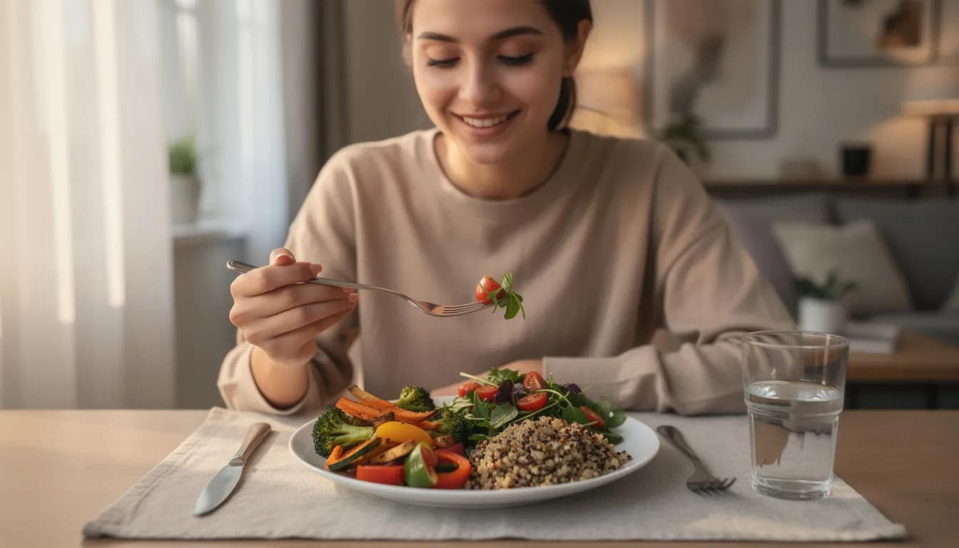 A person is seated at a dining table, enjoying a balanced meal that includes colorful vegetables and whole grains, promoting digestive health. This meal choice can aid in reducing symptoms of acid reflux and support a healthy digestive process.