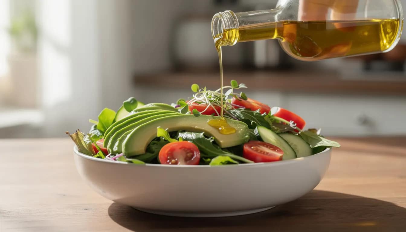 A fresh green salad in a white bowl features sliced avocado and cherry tomatoes, with olive oil being poured from a glass bottle, showcasing healthy fats that can enhance nutrient absorption and support overall gut health. This vibrant dish is rich in essential nutrients, making it a perfect addition to a healthy diet.
