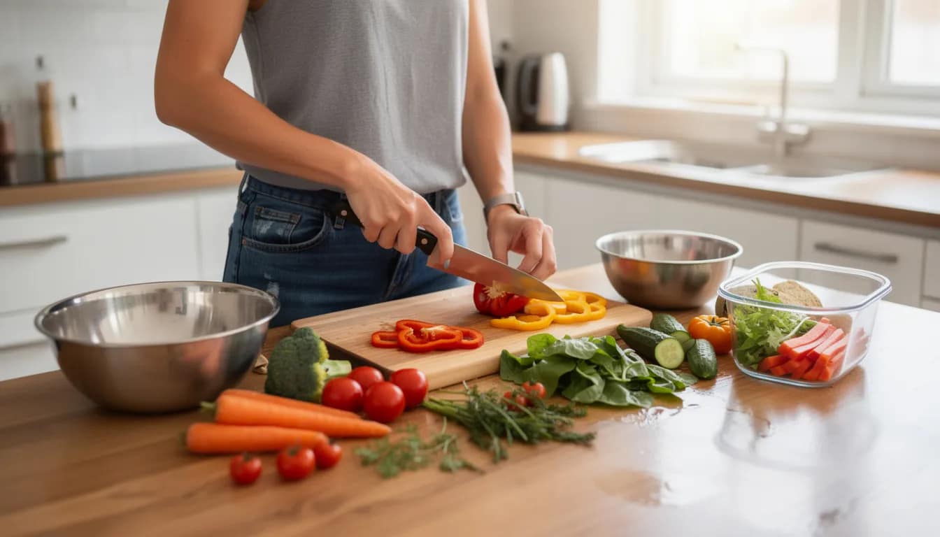 The image depicts a person thoughtfully preparing a healthy meal, surrounded by fresh vegetables that promote good gastrointestinal motility. The vibrant colors of the vegetables suggest a focus on gut health, which can influence digestive function and support overall gut microbiota balance.