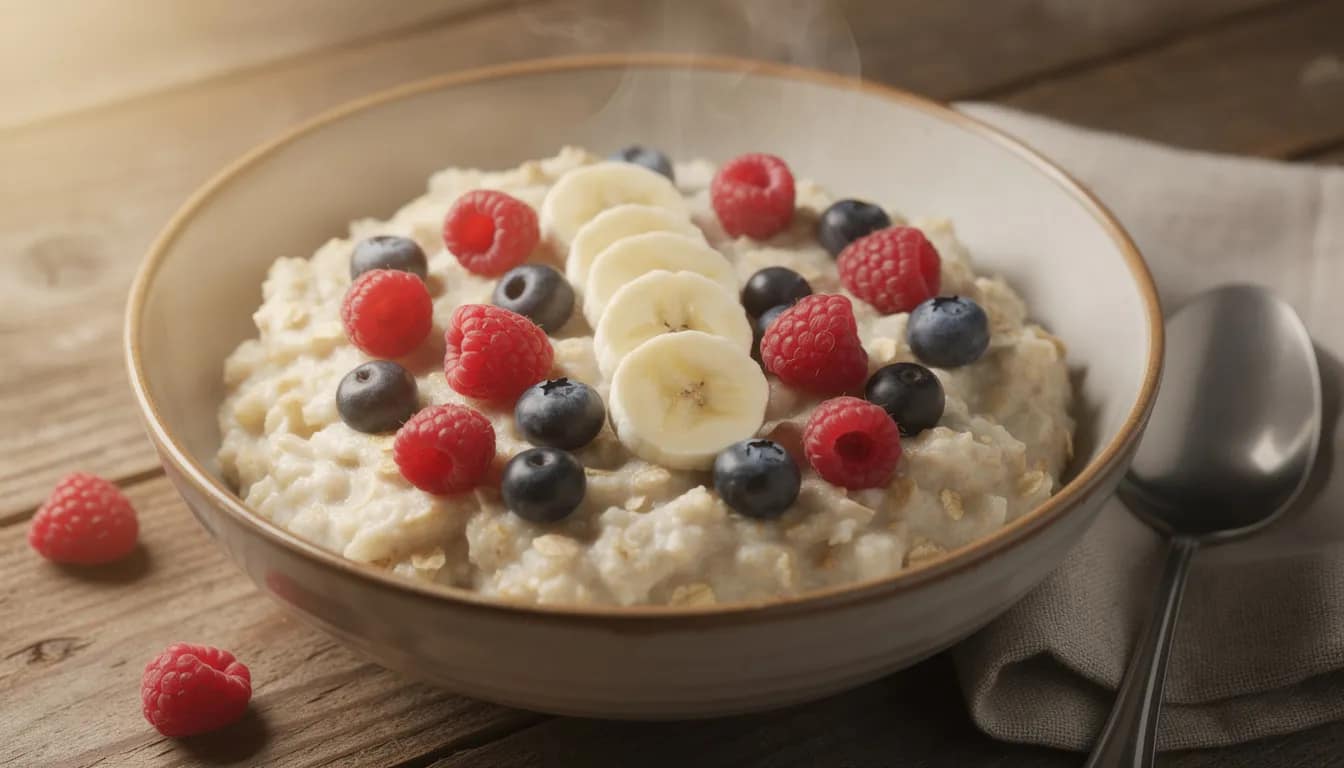 A warm bowl of oatmeal is topped with fresh berries and sliced banana, showcasing a nutritious meal rich in fiber that can aid digestion and support the digestive system. This wholesome dish is perfect for enhancing bowel movements and providing absorbable nutrients for the body.