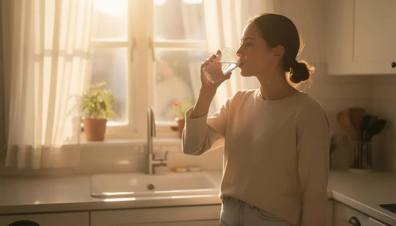 A person is enjoying a glass of water in the warm morning sunlight, standing near a kitchen window. This moment emphasizes the importance of hydration for promoting bowel regularity and relieving constipation symptoms, contributing to overall digestive health.