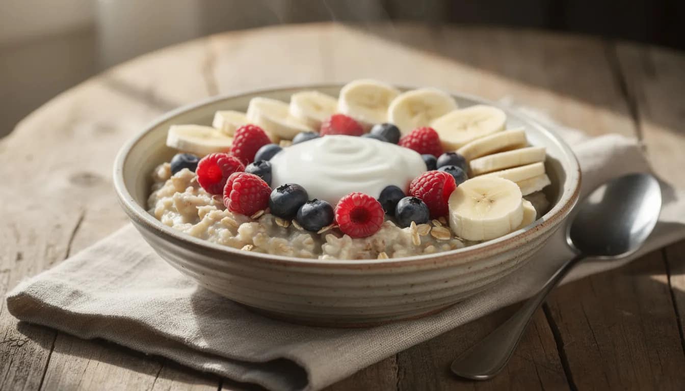 A bowl of oatmeal sits on a wooden table, topped with sliced banana, fresh berries, and a dollop of yogurt, creating a fiber-rich meal that aids digestion and promotes gut health. This nutritious breakfast option supports digestive health and can help alleviate symptoms of digestive disorders.