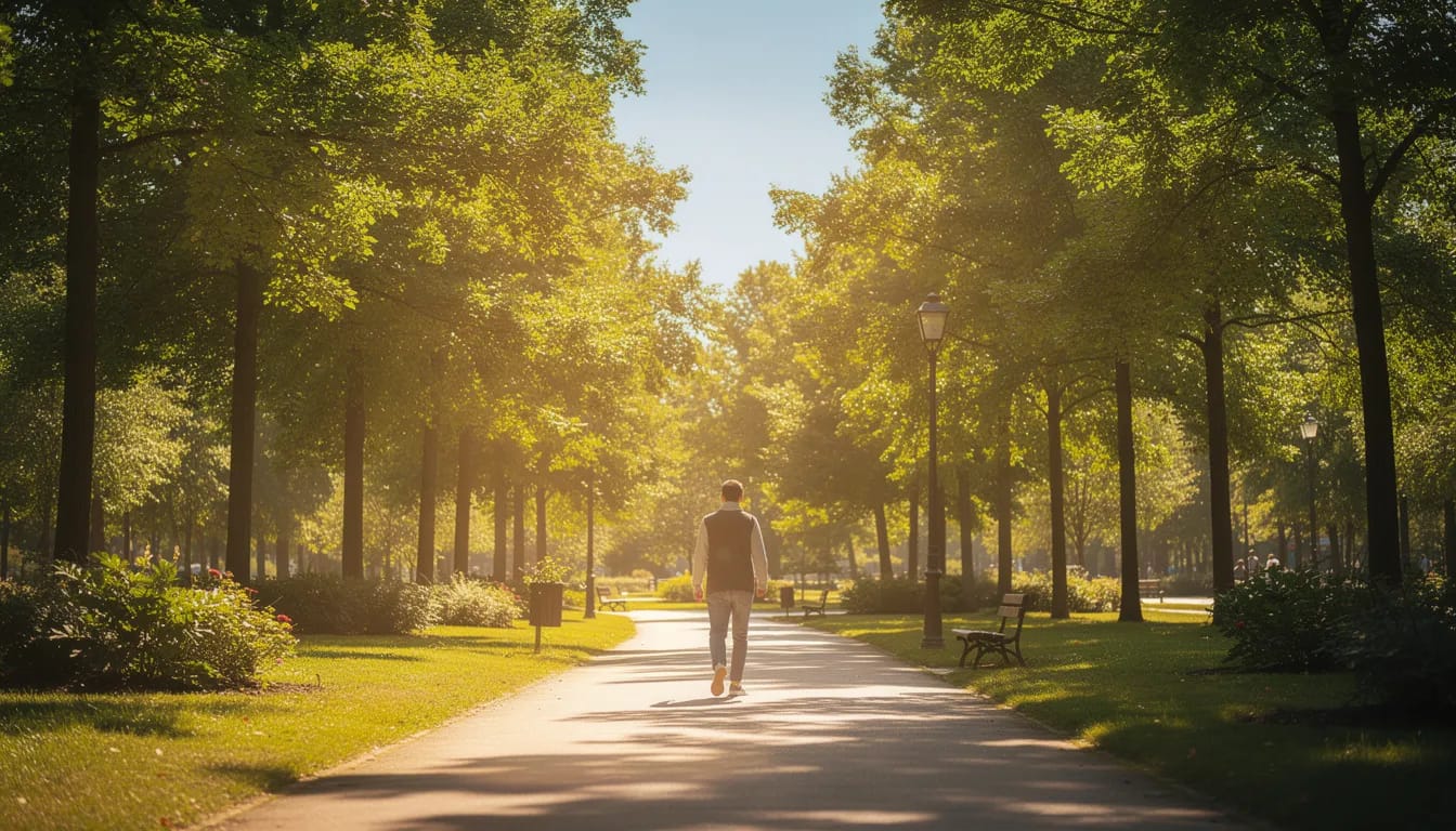 A person is walking along a sunny park path, surrounded by lush green trees, which promotes overall health and well-being. Engaging in regular exercise like this can support digestion and contribute to a healthy gut microbiome.