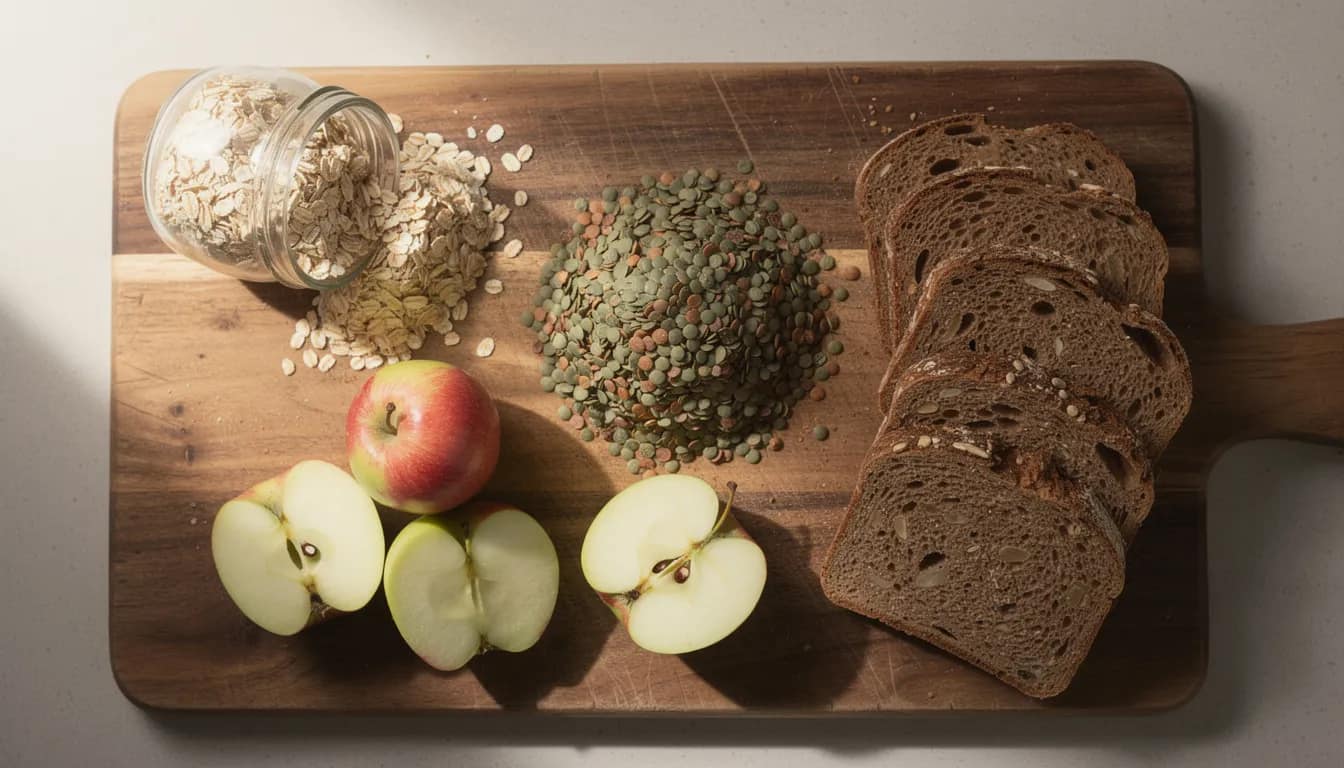 The image features a wooden cutting board displaying a variety of high-fiber foods, including oats, lentils, apples, and whole grain bread, all of which support digestive health and promote a healthy microbiome. These fiber-rich foods are essential for maintaining a well-functioning digestive system and can help alleviate digestive symptoms.
