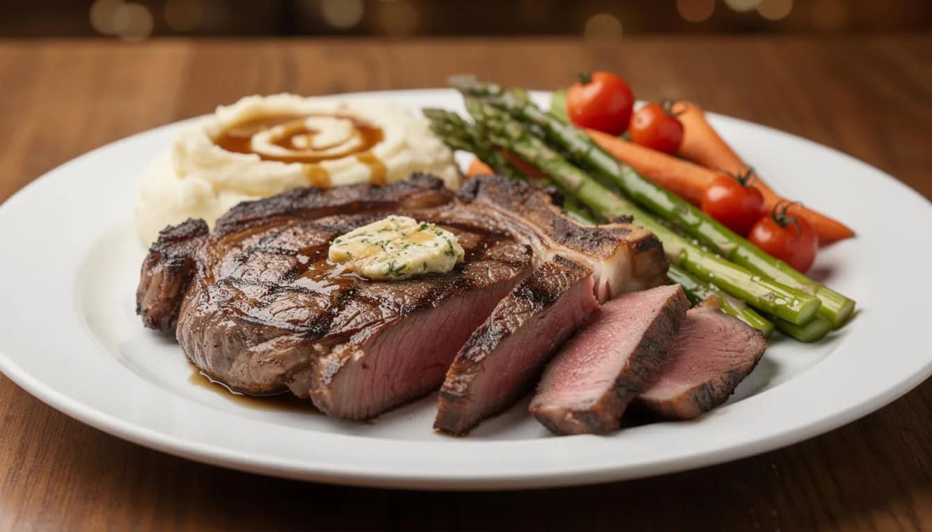 The image features a large plate of steak accompanied by various sides, showcasing a hearty meal that may not be ideal for those with digestive problems, as high-fat foods like red meat can lead to gastrointestinal symptoms such as bloating or heartburn. The meal is presented attractively, but individuals concerned about digestive health might consider avoiding certain foods like fried items and processed carbohydrates.