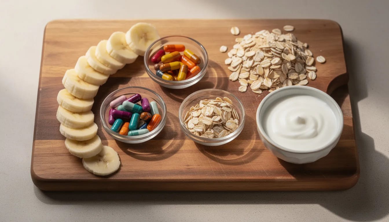 The image shows a wooden cutting board featuring an assortment of supplement capsules alongside whole foods like bananas, oats, and yogurt, all of which can support digestive health and gut health. These items represent a balanced approach to nutrition, potentially aiding in digestion and overall wellness.