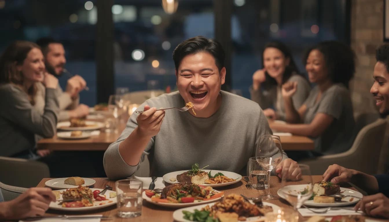 A person is seated at a restaurant table with friends, enjoying a large meal while looking relaxed and happy. The lively atmosphere and shared food reflect a moment of joy, which can contribute positively to their overall digestive health.