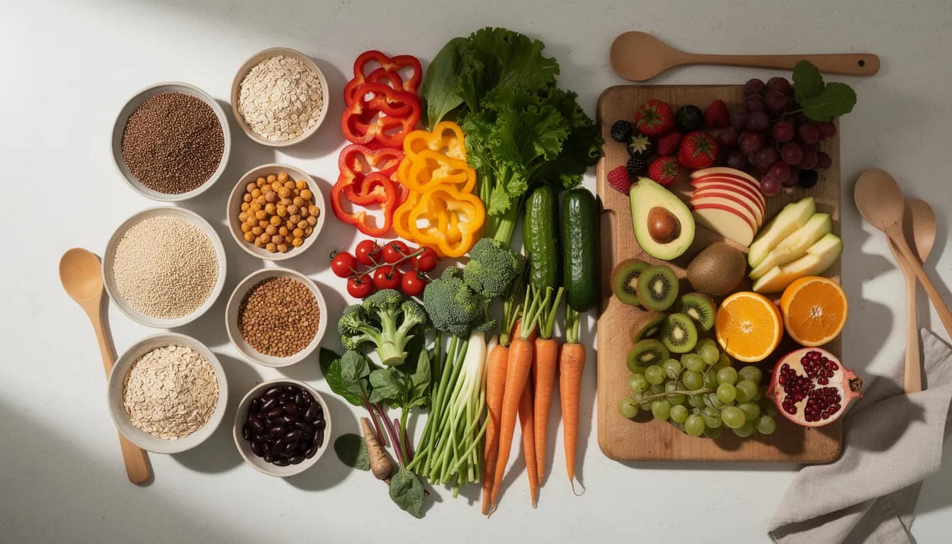 A vibrant assortment of whole grains, legumes, fresh vegetables, and fruits is beautifully arranged on a kitchen counter, promoting digestive health and gut health. This colorful spread includes fiber-rich foods that aid digestion and support a healthy digestive tract.